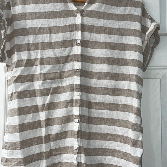 Peyton Jensen Size XS Linen Cotton Blend Rolled Short Sleeve Button Down Striped - Picture 6 of 8